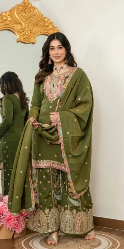 WW 6007 Mehendi Vichitra Silk Salwar Suit with Embroidery Work. Wedding, Party, Festive, Events, Grab it for ₹2599. Delivery 4-6 Working Days. Shop now. | Casual Suits, Jump Suits, Creative suits, Designer Suits, Palazzo Suits, Party Wear Suits, Patiala Suits, Salwar suit, Straight Suits