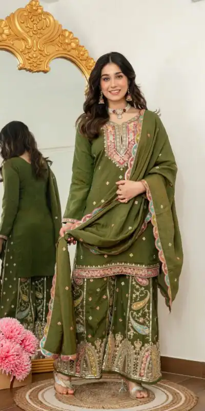 WW 6007 Mehendi Vichitra Silk Salwar Suit with Embroidery Work. Wedding, Party, Festive, Events, Grab it for ₹2599. Delivery 4-6 Working Days. Shop now. | Casual Suits, Jump Suits, Creative suits, Designer Suits, Palazzo Suits, Party Wear Suits, Patiala Suits, Salwar suit, Straight Suits