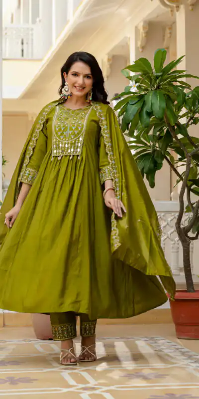 DIVA 126 Mehendi Viscose Roman Silk Anarkali Suit with Mirror Work & Embroidery Work. Affordable Price ₹2049. Delivery 4-6 Working Days. Shop now. | Anarkali Suits, Bollywood Anarkali, Creative-Anarkali, Designer Anarkali, Embroidered Anarkali, Party Wear Anarkali