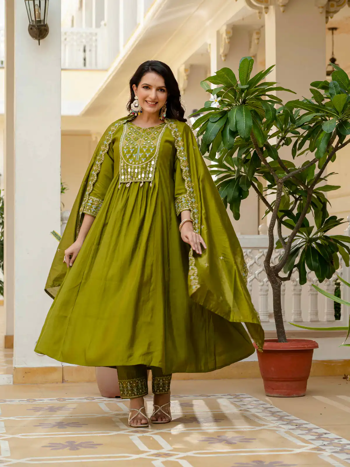 DIVA 126 Mehendi Viscose Roman Silk Anarkali Suit with Mirror Work & Embroidery Work. Affordable Price ₹2049. Delivery 4-6 Working Days. Shop now. | Anarkali Suits, Bollywood Anarkali, Creative-Anarkali, Designer Anarkali, Embroidered Anarkali, Party Wear Anarkali