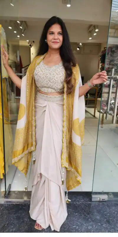 Mustered Crap Silk Embroidery Mirror Work Dhoti Suit