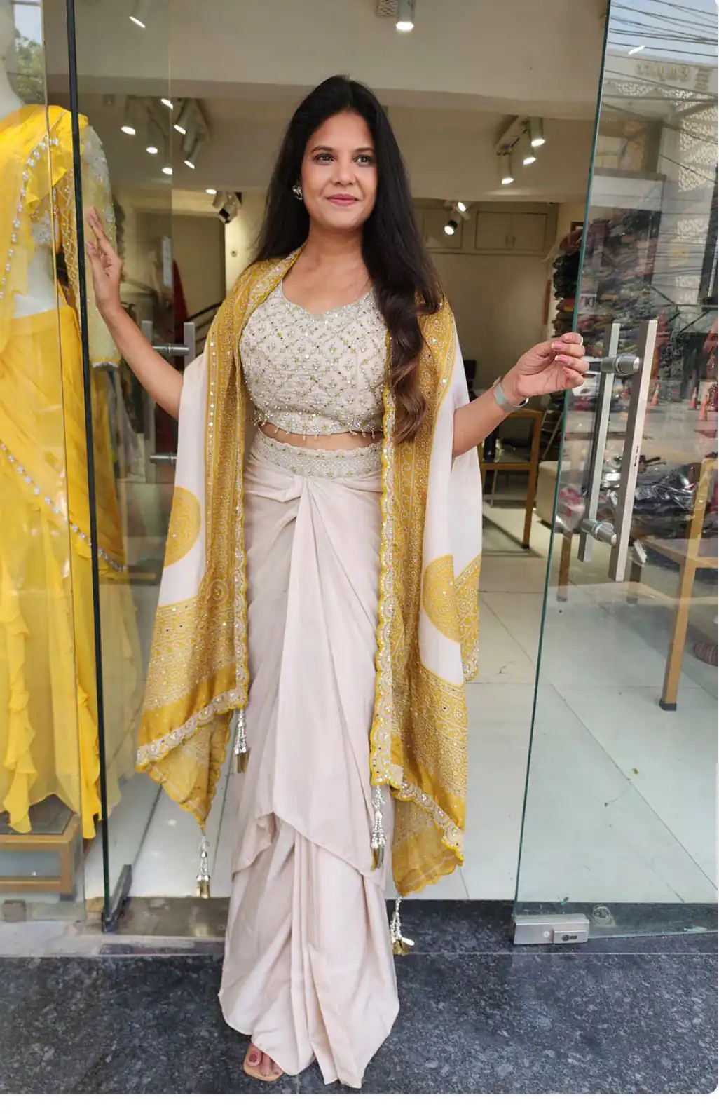 BB 53 Mustered Crap Silk Dhoti Suit. Perfect for Wedding, Party, Anniversary, Holi, Temple Visit – Available at ₹2599 only. Delivery 4-6 Working Days. | Casual Suits, Jump Suits, Creative suits, Designer Suits, Palazzo Suits, Party Wear Suits, Patiala Suits, Salwar suit, Straight Suits