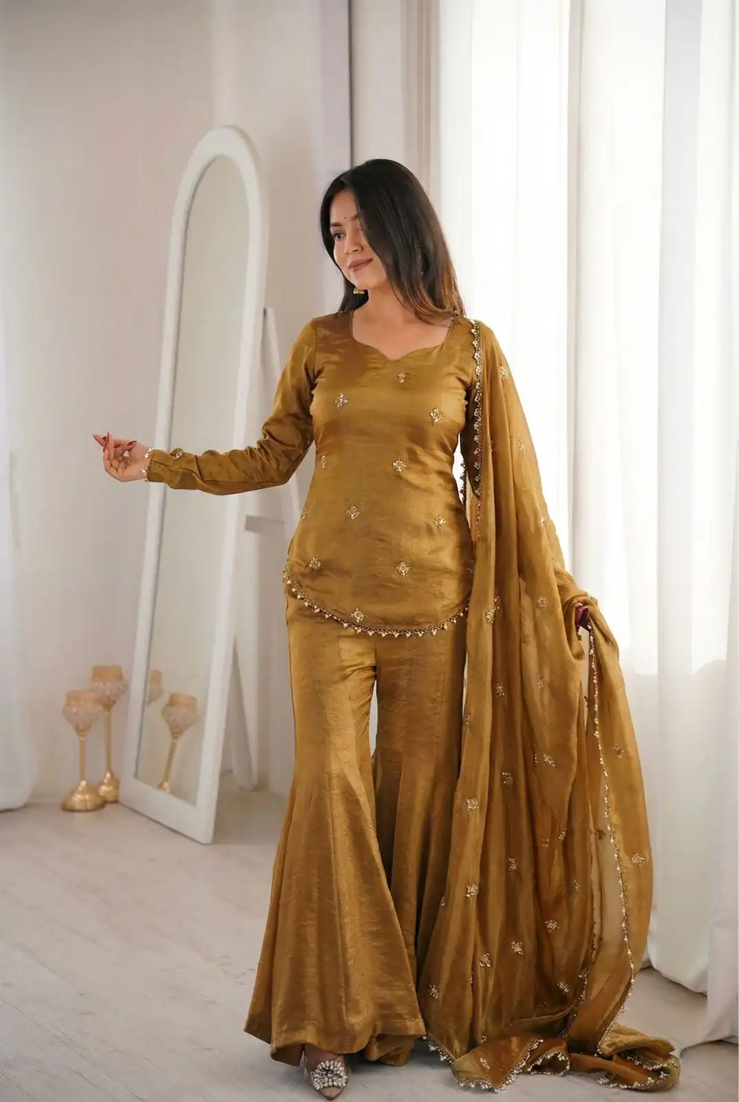 ZSR 3159 Mustered Fendy Silk Salwar Suitwith Embroidery Work & Lace Work. Now at just ₹2049. Delivery 4-6 Working Days. Shop now. | Casual Suits, Jump Suits, Creative suits, Designer Suits, Palazzo Suits, Party Wear Suits, Patiala Suits, Salwar suit, Straight Suits