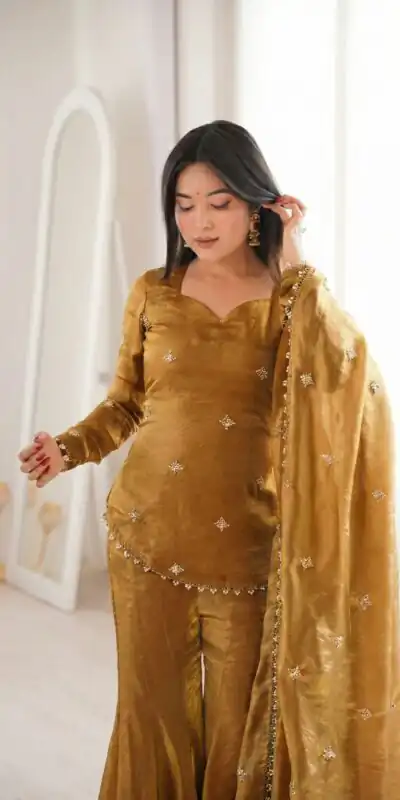 ZSR 3159 Mustered Fendy Silk Salwar Suitwith Embroidery Work & Lace Work. Now at just ₹2049. Delivery 4-6 Working Days. Shop now. | Casual Suits, Jump Suits, Creative suits, Designer Suits, Palazzo Suits, Party Wear Suits, Patiala Suits, Salwar suit, Straight Suits