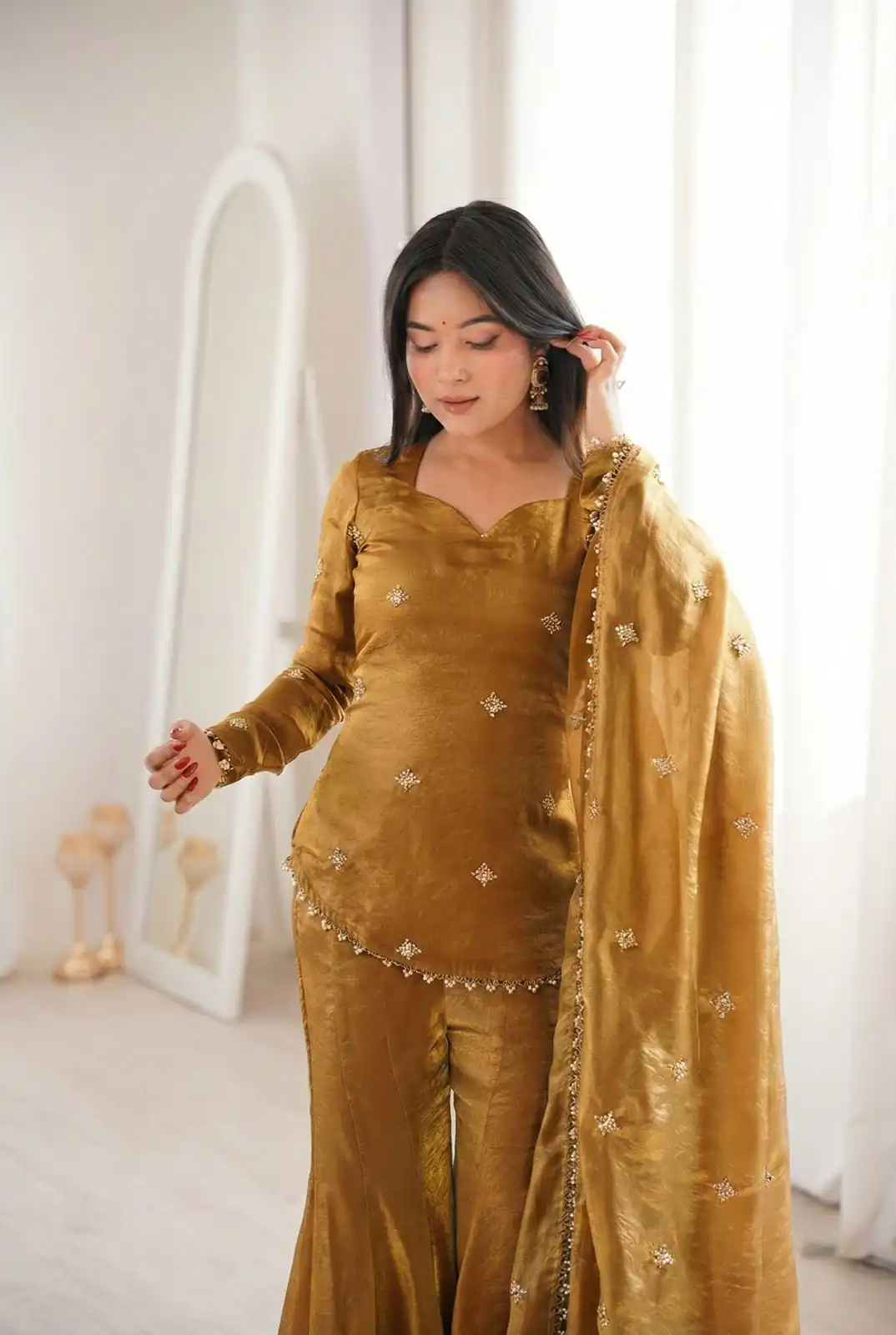 ZSR 3159 Mustered Fendy Silk Salwar Suitwith Embroidery Work & Lace Work. Now at just ₹2049. Delivery 4-6 Working Days. Shop now. | Casual Suits, Jump Suits, Creative suits, Designer Suits, Palazzo Suits, Party Wear Suits, Patiala Suits, Salwar suit, Straight Suits