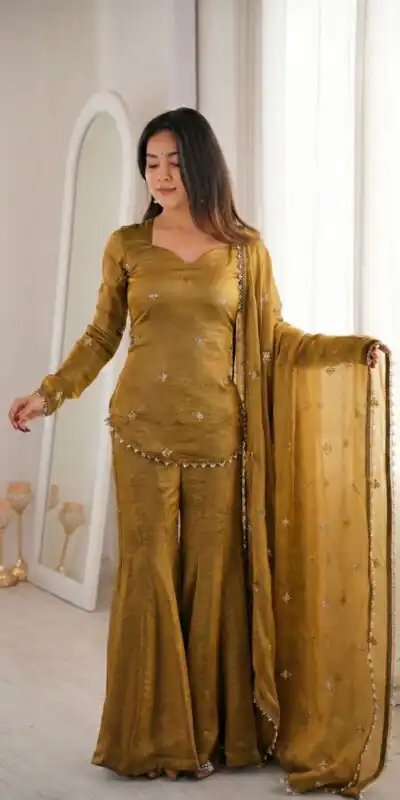 ZSR 3159 Mustered Fendy Silk Salwar Suitwith Embroidery Work & Lace Work. Now at just ₹2049. Delivery 4-6 Working Days. Shop now. | Casual Suits, Jump Suits, Creative suits, Designer Suits, Palazzo Suits, Party Wear Suits, Patiala Suits, Salwar suit, Straight Suits