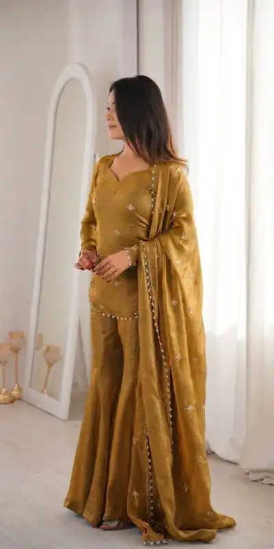 ZSR 3159 Mustered Fendy Silk Salwar Suitwith Embroidery Work & Lace Work. Now at just ₹2049. Delivery 4-6 Working Days. Shop now. | Casual Suits, Jump Suits, Creative suits, Designer Suits, Palazzo Suits, Party Wear Suits, Patiala Suits, Salwar suit, Straight Suits