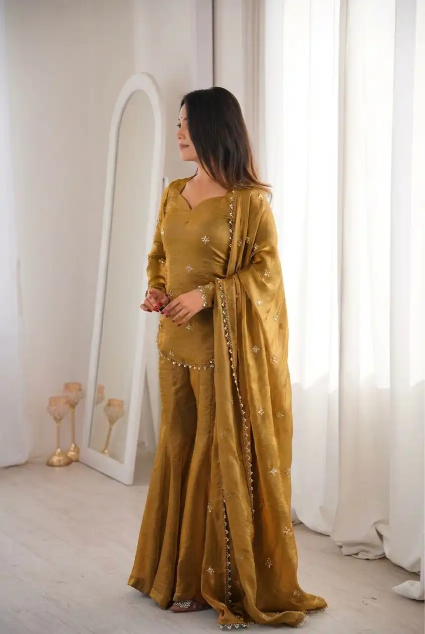 ZSR 3159 Mustered Fendy Silk Salwar Suitwith Embroidery Work & Lace Work. Now at just ₹2049. Delivery 4-6 Working Days. Shop now. | Casual Suits, Jump Suits, Creative suits, Designer Suits, Palazzo Suits, Party Wear Suits, Patiala Suits, Salwar suit, Straight Suits