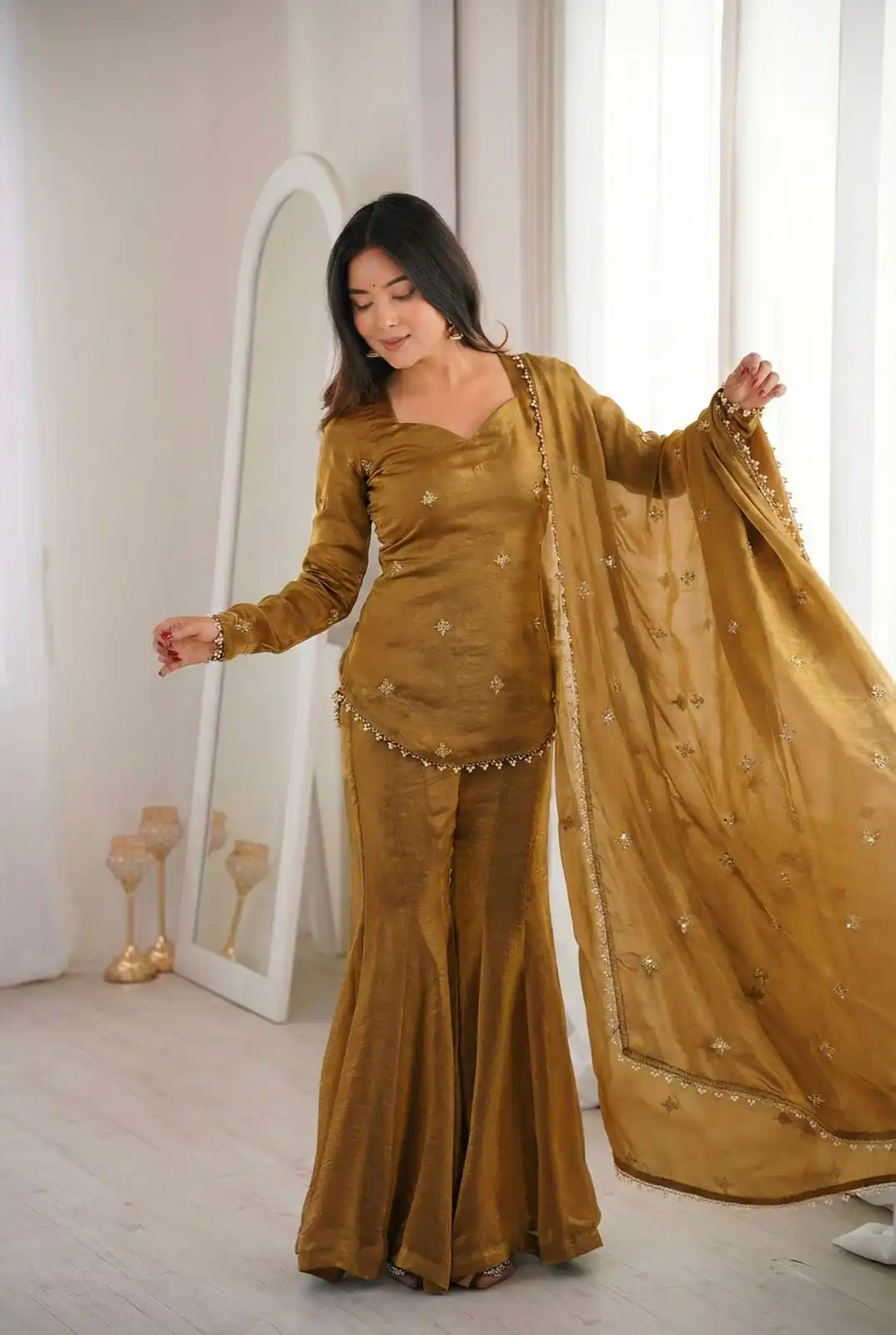 ZSR 3159 Mustered Fendy Silk Salwar Suitwith Embroidery Work & Lace Work. Now at just ₹2049. Delivery 4-6 Working Days. Shop now. | Casual Suits, Jump Suits, Creative suits, Designer Suits, Palazzo Suits, Party Wear Suits, Patiala Suits, Salwar suit, Straight Suits