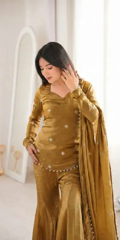 ZSR 3159 Mustered Fendy Silk Salwar Suitwith Embroidery Work & Lace Work. Now at just ₹2049. Delivery 4-6 Working Days. Shop now. | Casual Suits, Jump Suits, Creative suits, Designer Suits, Palazzo Suits, Party Wear Suits, Patiala Suits, Salwar suit, Straight Suits
