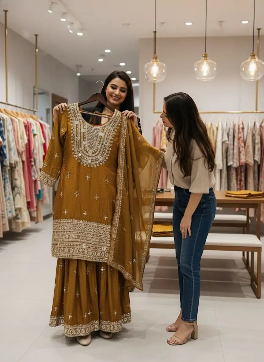 WW 1249 Mustered Fendy Silk Salwar Suit with Mirror Work & Embroidery Work. Best Price ₹2399. Delivery 4-6 Working Days. Shop now. | Casual Suits, Jump Suits, Creative suits, Designer Suits, Palazzo Suits, Party Wear Suits, Patiala Suits, Salwar suit, Straight Suits