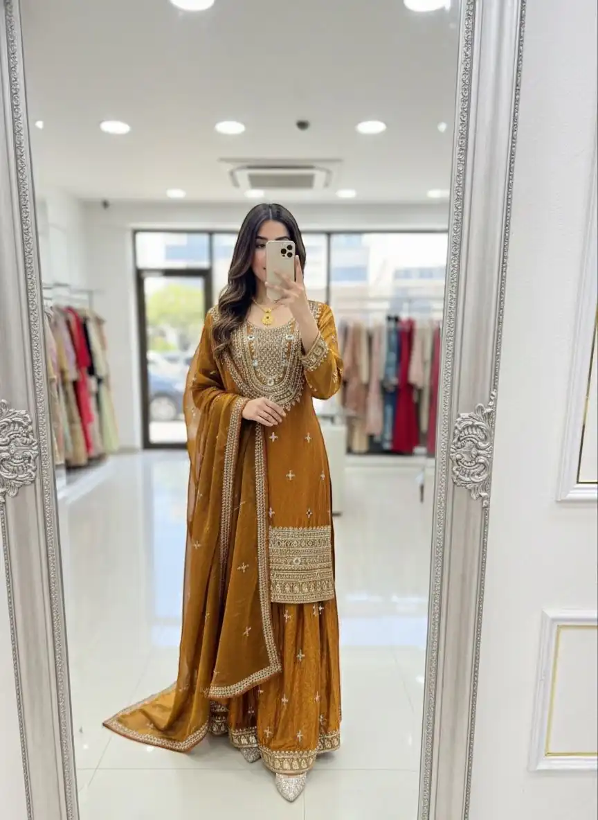 WW 1249 Mustered Fendy Silk Salwar Suit with Mirror Work & Embroidery Work. Best Price ₹2399. Delivery 4-6 Working Days. Shop now. | Casual Suits, Jump Suits, Creative suits, Designer Suits, Palazzo Suits, Party Wear Suits, Patiala Suits, Salwar suit, Straight Suits