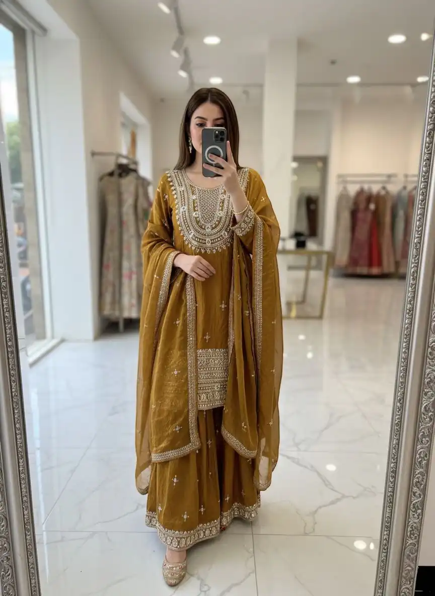 WW 1249 Mustered Fendy Silk Salwar Suit with Mirror Work & Embroidery Work. Best Price ₹2399. Delivery 4-6 Working Days. Shop now. | Casual Suits, Jump Suits, Creative suits, Designer Suits, Palazzo Suits, Party Wear Suits, Patiala Suits, Salwar suit, Straight Suits