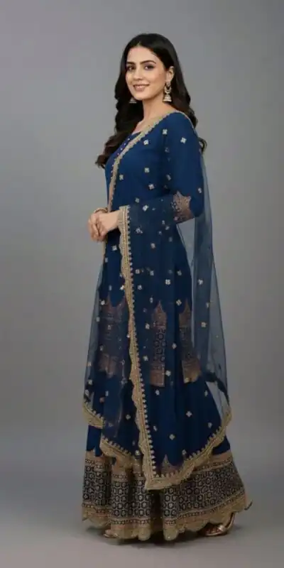 ZF 250 Navy Blue Color Faux Georgette Embroidery Sequence Work Sharara Suit Wedding, Party, Festive, Events Etc. Expected Delivery 4-6 Working Days @2099/- | Casual Suits, Jump Suits, Creative suits, Designer Suits, Palazzo Suits, Party Wear Suits, Patiala Suits, Salwar suit, Straight Suits