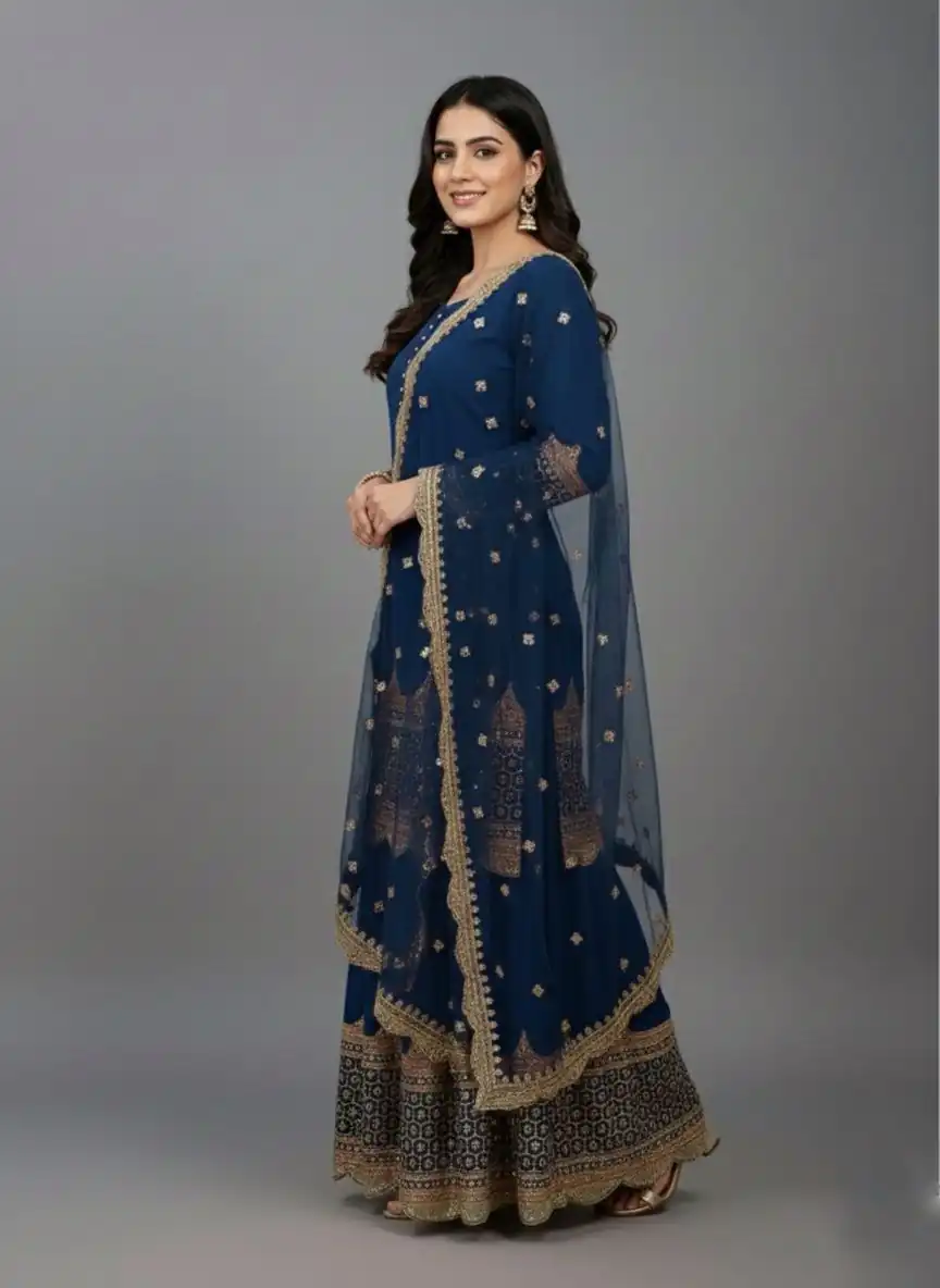 ZF 250 Navy Blue Color Faux Georgette Embroidery Sequence Work Sharara Suit Wedding, Party, Festive, Events Etc. Expected Delivery 4-6 Working Days @2099/- | Casual Suits, Jump Suits, Creative suits, Designer Suits, Palazzo Suits, Party Wear Suits, Patiala Suits, Salwar suit, Straight Suits