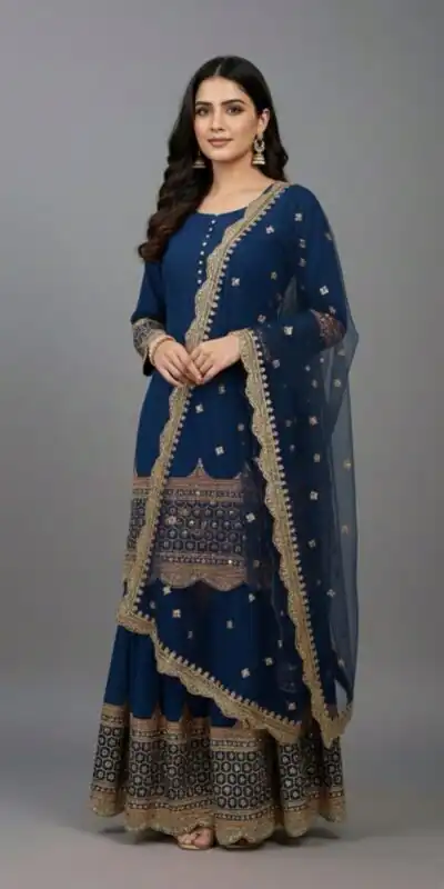 ZF 250 Navy Blue Color Faux Georgette Embroidery Sequence Work Sharara Suit Wedding, Party, Festive, Events Etc. Expected Delivery 4-6 Working Days @2099/- | Casual Suits, Jump Suits, Creative suits, Designer Suits, Palazzo Suits, Party Wear Suits, Patiala Suits, Salwar suit, Straight Suits