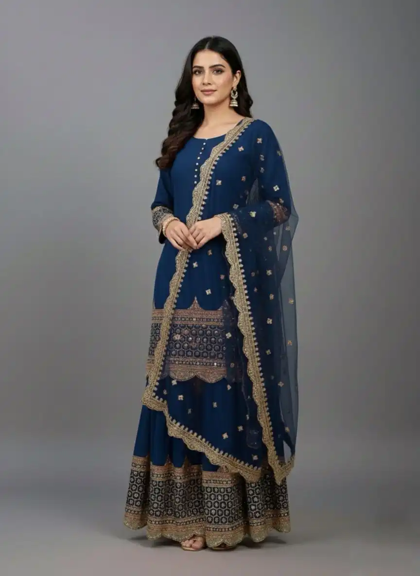 ZF 250 Navy Blue Color Faux Georgette Embroidery Sequence Work Sharara Suit Wedding, Party, Festive, Events Etc. Expected Delivery 4-6 Working Days @2099/- | Casual Suits, Jump Suits, Creative suits, Designer Suits, Palazzo Suits, Party Wear Suits, Patiala Suits, Salwar suit, Straight Suits