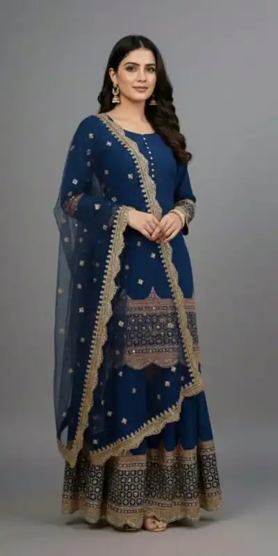 ZF 250 Navy Blue Color Faux Georgette Embroidery Sequence Work Sharara Suit Wedding, Party, Festive, Events Etc. Expected Delivery 4-6 Working Days @2099/- | Casual Suits, Jump Suits, Creative suits, Designer Suits, Palazzo Suits, Party Wear Suits, Patiala Suits, Salwar suit, Straight Suits