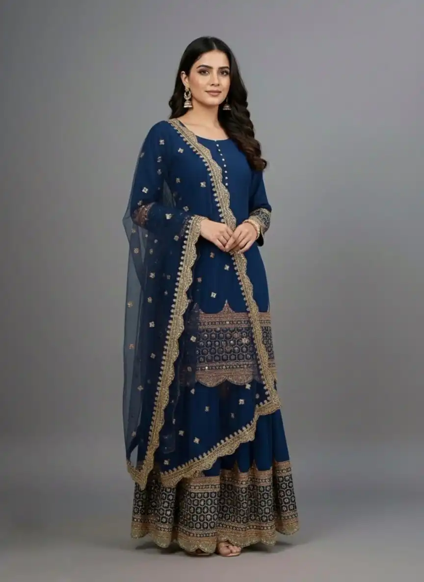 ZF 250 Navy Blue Color Faux Georgette Embroidery Sequence Work Sharara Suit Wedding, Party, Festive, Events Etc. Expected Delivery 4-6 Working Days @2099/- | Casual Suits, Jump Suits, Creative suits, Designer Suits, Palazzo Suits, Party Wear Suits, Patiala Suits, Salwar suit, Straight Suits