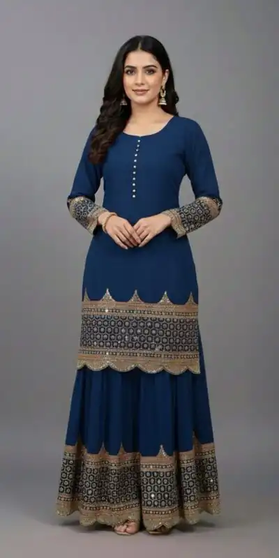 ZF 250 Navy Blue Color Faux Georgette Embroidery Sequence Work Sharara Suit Wedding, Party, Festive, Events Etc. Expected Delivery 4-6 Working Days @2099/- | Casual Suits, Jump Suits, Creative suits, Designer Suits, Palazzo Suits, Party Wear Suits, Patiala Suits, Salwar suit, Straight Suits