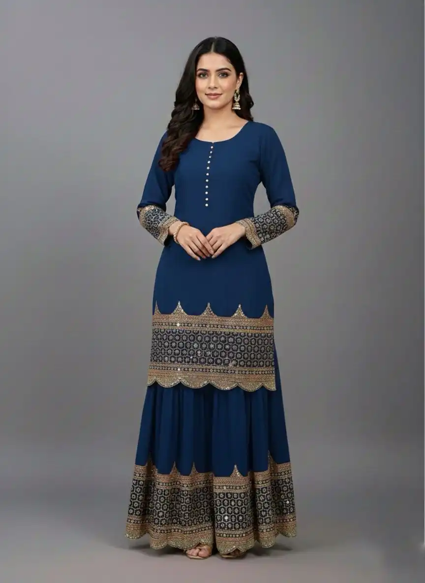 ZF 250 Navy Blue Color Faux Georgette Embroidery Sequence Work Sharara Suit Wedding, Party, Festive, Events Etc. Expected Delivery 4-6 Working Days @2099/- | Casual Suits, Jump Suits, Creative suits, Designer Suits, Palazzo Suits, Party Wear Suits, Patiala Suits, Salwar suit, Straight Suits