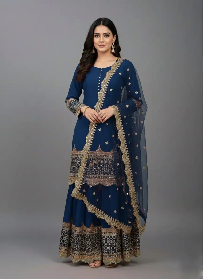 ZF 250 Navy Blue Color Faux Georgette Embroidery Sequence Work Sharara Suit Wedding, Party, Festive, Events Etc. Expected Delivery 4-6 Working Days @2099/- | Casual Suits, Jump Suits, Creative suits, Designer Suits, Palazzo Suits, Party Wear Suits, Patiala Suits, Salwar suit, Straight Suits
