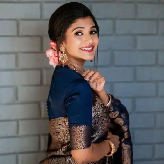 Navy Blue Lichi Silk Jacquard Lace Saree - Image 5