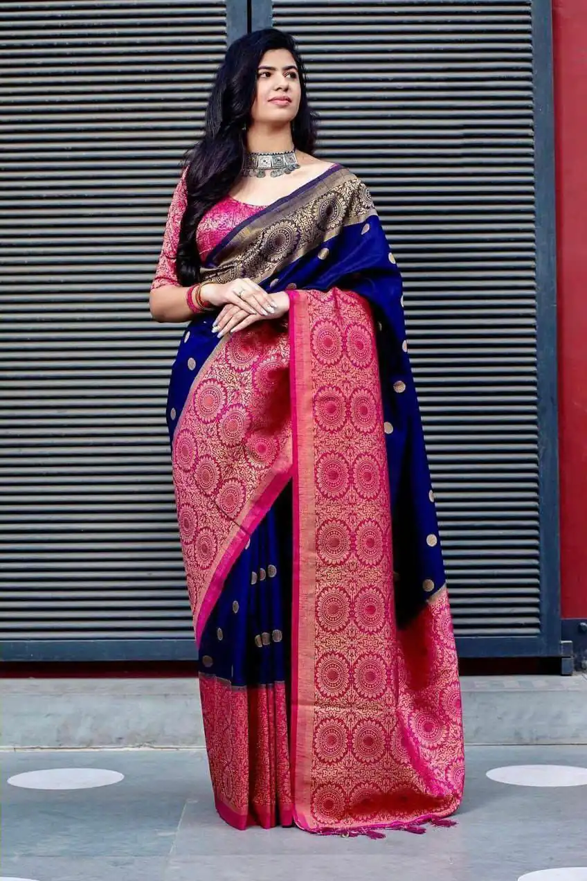 Navy Blue Soft Lichi Silk All Over Border Saree - Image 2