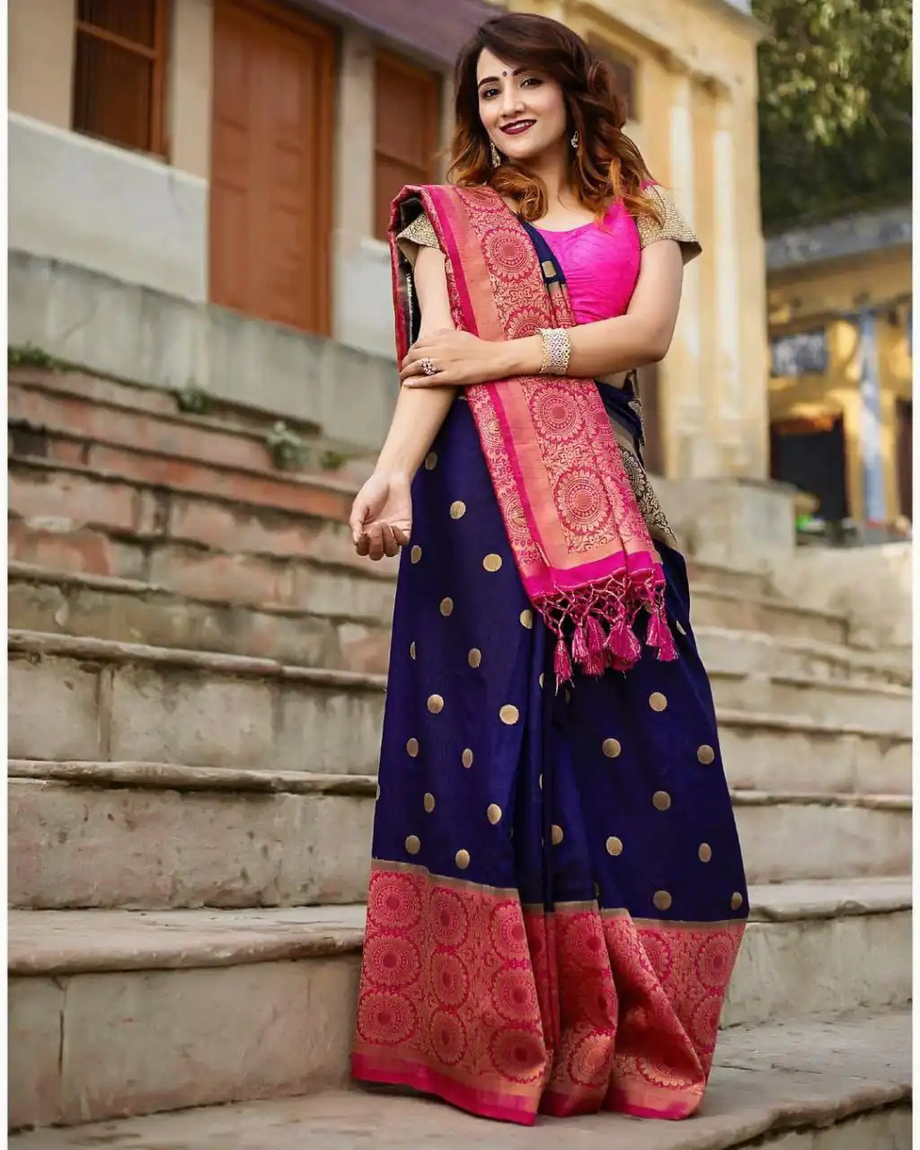 Navy Blue Soft Lichi Silk All Over Border Saree - Image 7