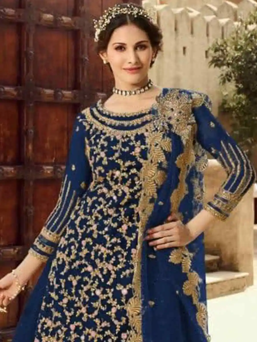 Navy Blue Soft Net With Embroidery Work Salwar Suit - Image 2