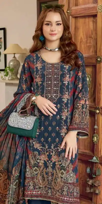 Navy Blue Tabby Satin Digital Print Salwar Suit