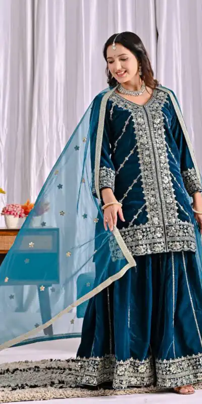 ND 5053 Navy Blue Viscous Velvet Salwar Suit with Embroidery Work. Grab it for ₹2449. Delivery 4-6 Working Days. Shop now. | Casual Suits, Jump Suits, Creative suits, Designer Suits, Palazzo Suits, Party Wear Suits, Patiala Suits, Salwar suit, Straight Suits