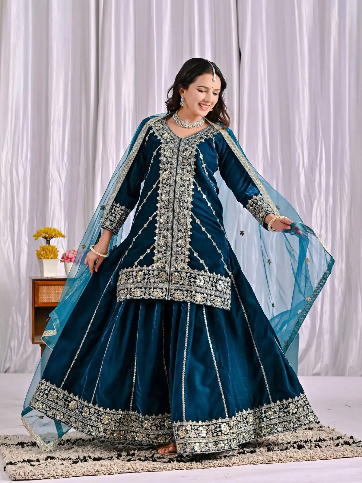 ND 5053 Navy Blue Viscous Velvet Salwar Suit with Embroidery Work. Grab it for ₹2449. Delivery 4-6 Working Days. Shop now. | Casual Suits, Jump Suits, Creative suits, Designer Suits, Palazzo Suits, Party Wear Suits, Patiala Suits, Salwar suit, Straight Suits
