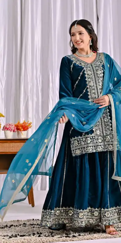 ND 5053 Navy Blue Viscous Velvet Salwar Suit with Embroidery Work. Grab it for ₹2449. Delivery 4-6 Working Days. Shop now. | Casual Suits, Jump Suits, Creative suits, Designer Suits, Palazzo Suits, Party Wear Suits, Patiala Suits, Salwar suit, Straight Suits