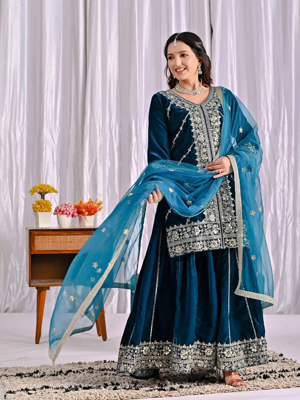 ND 5053 Navy Blue Viscous Velvet Salwar Suit with Embroidery Work. Grab it for ₹2449. Delivery 4-6 Working Days. Shop now. | Casual Suits, Jump Suits, Creative suits, Designer Suits, Palazzo Suits, Party Wear Suits, Patiala Suits, Salwar suit, Straight Suits