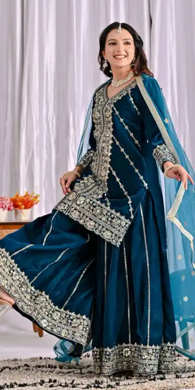 ND 5053 Navy Blue Viscous Velvet Salwar Suit with Embroidery Work. Grab it for ₹2449. Delivery 4-6 Working Days. Shop now. | Casual Suits, Jump Suits, Creative suits, Designer Suits, Palazzo Suits, Party Wear Suits, Patiala Suits, Salwar suit, Straight Suits
