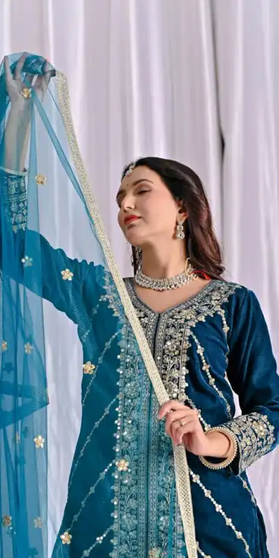 ND 5053 Navy Blue Viscous Velvet Salwar Suit with Embroidery Work. Grab it for ₹2449. Delivery 4-6 Working Days. Shop now. | Casual Suits, Jump Suits, Creative suits, Designer Suits, Palazzo Suits, Party Wear Suits, Patiala Suits, Salwar suit, Straight Suits