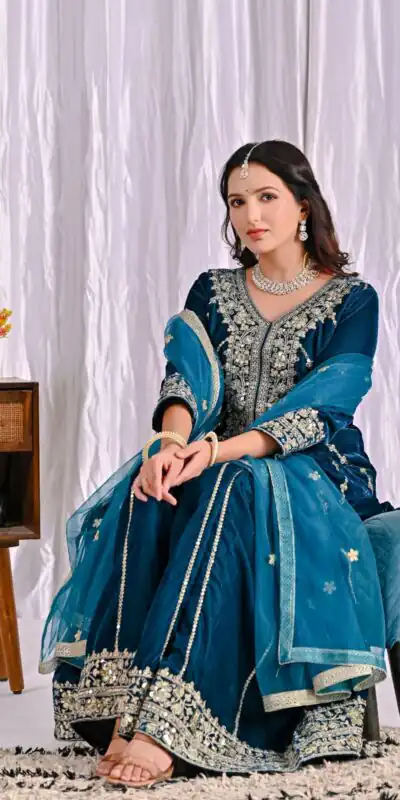 ND 5053 Navy Blue Viscous Velvet Salwar Suit with Embroidery Work. Grab it for ₹2449. Delivery 4-6 Working Days. Shop now. | Casual Suits, Jump Suits, Creative suits, Designer Suits, Palazzo Suits, Party Wear Suits, Patiala Suits, Salwar suit, Straight Suits
