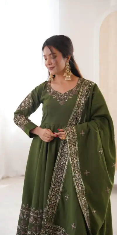 ZF 5016 Mehendi Roman Silk Gown with Embroidery Work. Wedding, Party, Festive, Events, Navratri, Exclusive Offer ₹2499. Delivery 4-6 Working Days. Shop now. | Bollywood Gowns, Creative Gowns, Designer Gowns, Embroidered Gowns, Gowns, Party Wear Gowns