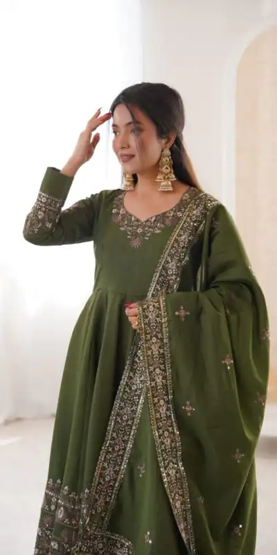 ZF 5016 Mehendi Roman Silk Gown with Embroidery Work. Wedding, Party, Festive, Events, Navratri, Exclusive Offer ₹2499. Delivery 4-6 Working Days. Shop now. | Bollywood Gowns, Creative Gowns, Designer Gowns, Embroidered Gowns, Gowns, Party Wear Gowns