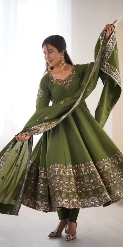 ZF 5016 Mehendi Roman Silk Gown with Embroidery Work. Wedding, Party, Festive, Events, Navratri, Exclusive Offer ₹2499. Delivery 4-6 Working Days. Shop now. | Bollywood Gowns, Creative Gowns, Designer Gowns, Embroidered Gowns, Gowns, Party Wear Gowns