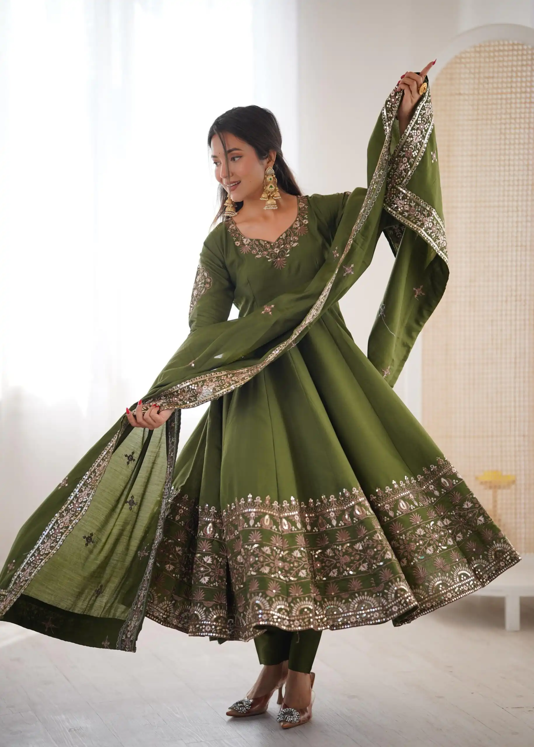 ZF 5016 Mehendi Roman Silk Gown with Embroidery Work. Wedding, Party, Festive, Events, Navratri, Exclusive Offer ₹2499. Delivery 4-6 Working Days. Shop now. | Bollywood Gowns, Creative Gowns, Designer Gowns, Embroidered Gowns, Gowns, Party Wear Gowns