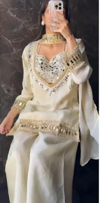 SRK 5326 Off White Fendy Silk Salwar Suit with Mirror Work & Lace Work. Affordable Price ₹2399. Delivery 4-6 Working Days. Shop now. | Casual Suits, Jump Suits, Creative suits, Designer Suits, Palazzo Suits, Party Wear Suits, Patiala Suits, Salwar suit, Straight Suits