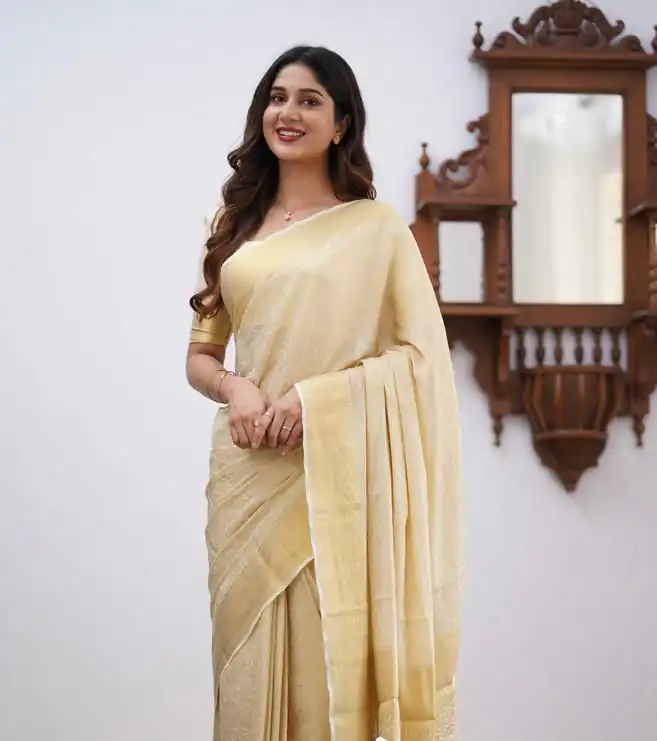 Off White Lichi Silk Border Jacquard Work Saree - Image 2