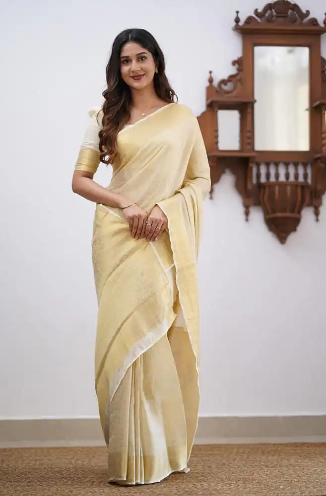 Off White Lichi Silk Border Jacquard Work Saree