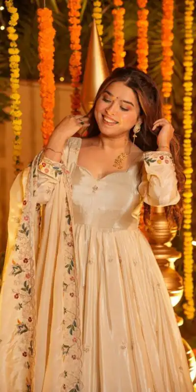 NF 1264 Off White Natural Crap Silk Anarkali Suit with Embroidery Work. Available at ₹3049 only. Delivery 4-6 Working Days. Shop now. | Anarkali Suits, Bollywood Anarkali, Creative-Anarkali, Designer Anarkali, Embroidered Anarkali, Party Wear Anarkali