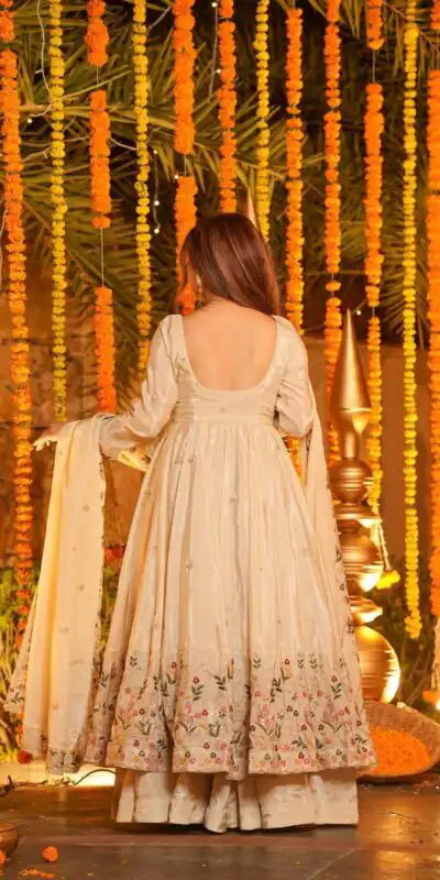 NF 1264 Off White Natural Crap Silk Anarkali Suit with Embroidery Work. Available at ₹3049 only. Delivery 4-6 Working Days. Shop now. | Anarkali Suits, Bollywood Anarkali, Creative-Anarkali, Designer Anarkali, Embroidered Anarkali, Party Wear Anarkali