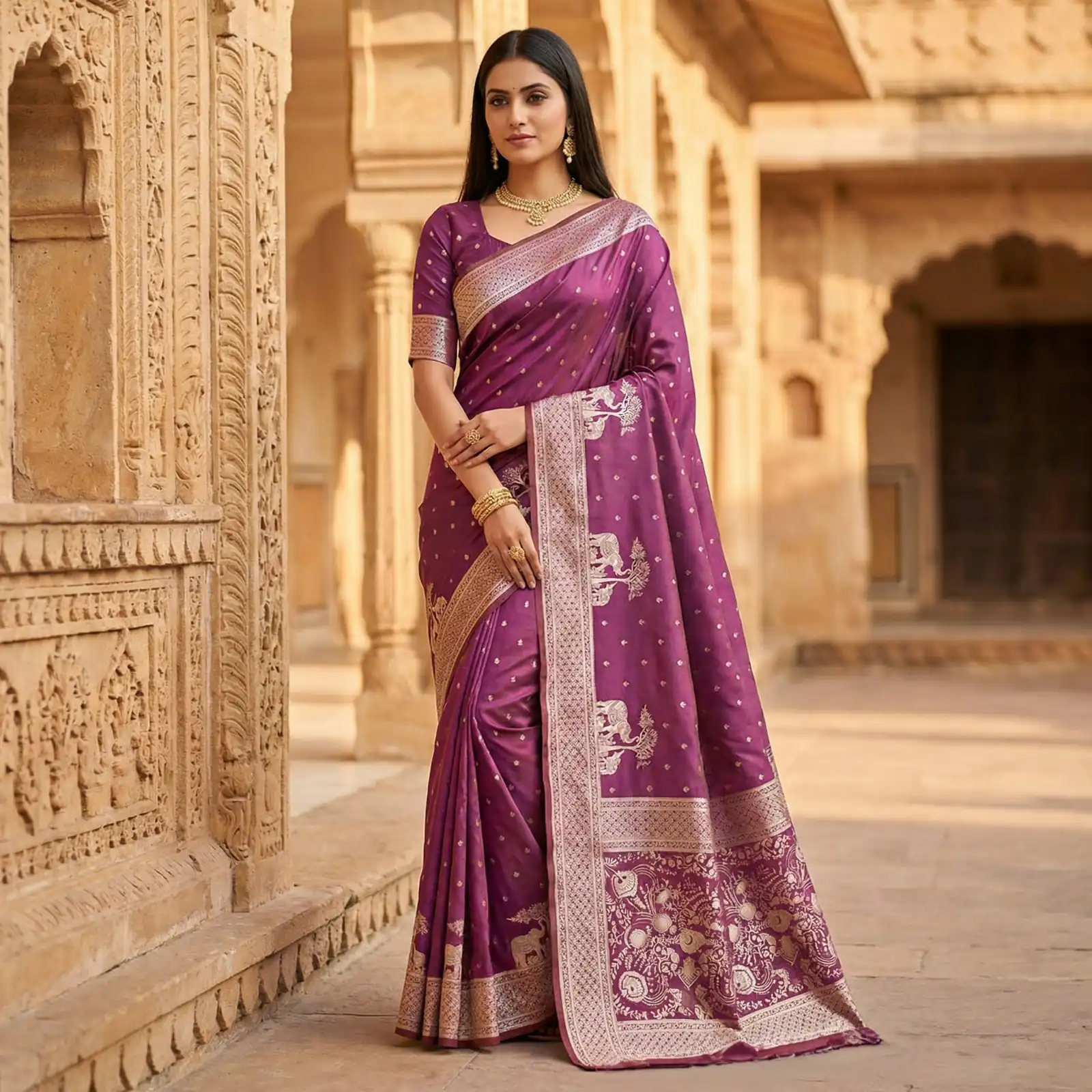 Onion Pure Banarasi Silk Zari Lace Work Saree