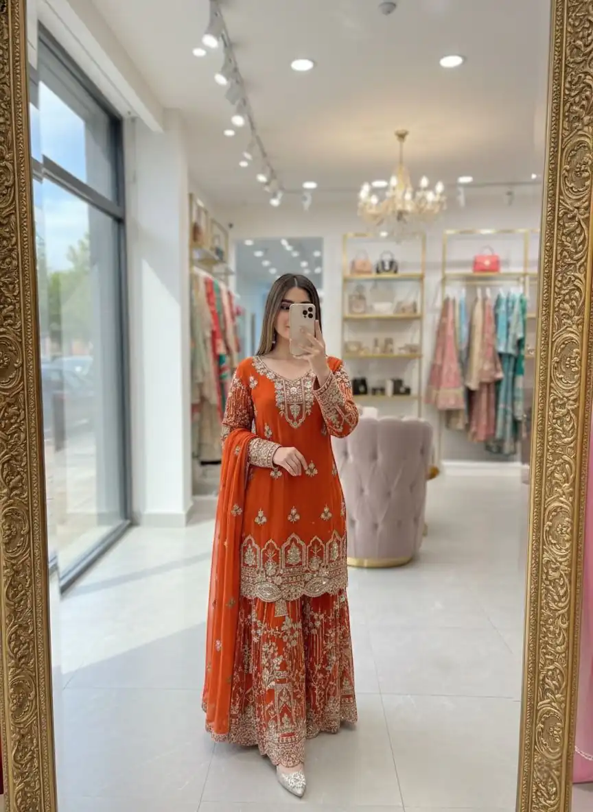 WW 1250 Orange Faux Georgette With 5 mm Sequence Work Salwar Suit Wedding, Party, Festive, Events Etc. Expected Delivery 4-6 Working Days @2399/- | Casual Suits, Jump Suits, Creative suits, Designer Suits, Palazzo Suits, Party Wear Suits, Patiala Suits, Salwar suit, Straight Suits