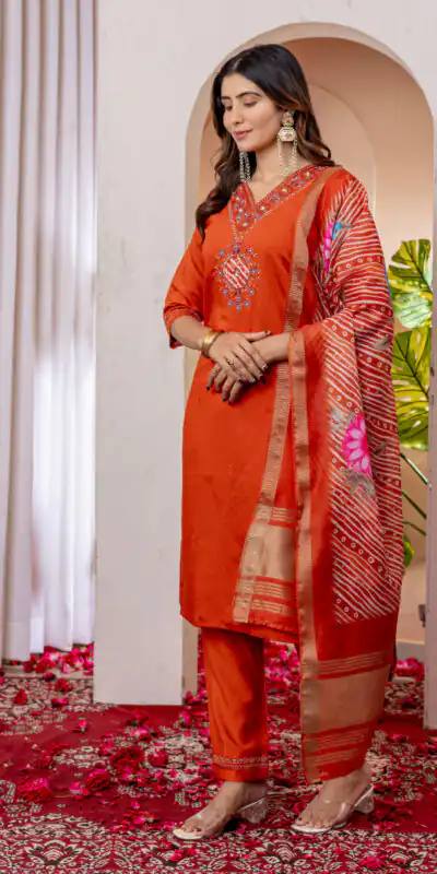DIVA 112 Orange Marina Silk Salwar Suit with Embroidery Work. Introductory Price ₹1999. Delivery 4-6 Working Days. Shop now. | Casual Suits, Jump Suits, Creative suits, Designer Suits, Palazzo Suits, Party Wear Suits, Patiala Suits, Salwar suit, Straight Suits